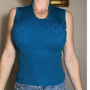 Stunning Vintage Deadstock Y2K Cache Blue Sequin Top Size XS